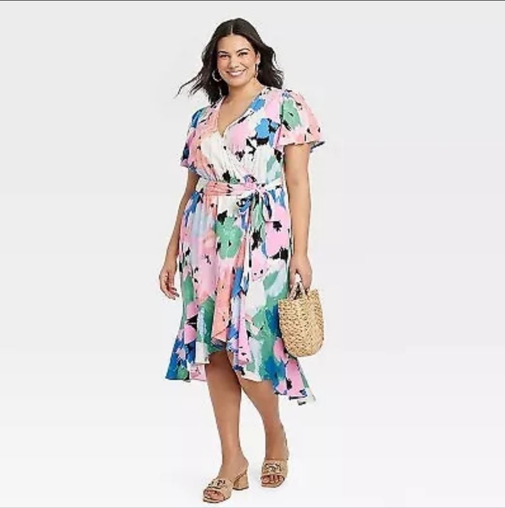 Women's Flutter Short Sleeve Midi Wrap Dress - Ava & Viv Abstract Floral 1x